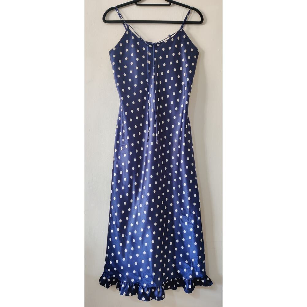 Vintage Inner Most Blue & White Polka Dot Satin Lingerie Nightgown Slip Dress S‎
